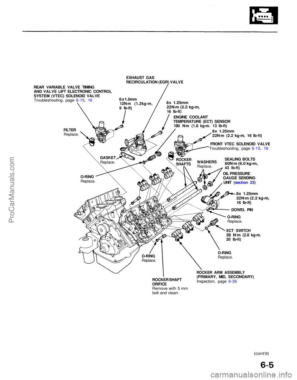 ACURA NSX 1991  Service Repair Manual 
REAR VARIABLE VALVE TIMING
AND VALVE LIFT ELECTRONIC CONTROL
SYSTEM (VTEC) SOLENOID VALVE

Troubleshooting, page 6-15, 16
 EXHAUST GAS
RECIRCULATION (EGR) VALVE

6x1
.0mm 12N .
m (1.2kg-m,
9 Ib-ft)
F