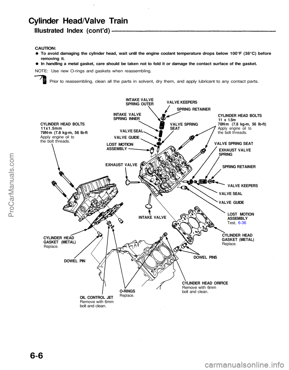 ACURA NSX 1991  Service Repair Manual 
Cylinder Head/Valve Train

Illustrated Index (cont'd)

To avoid damaging the cylinder head, wait until the engine coolant temperature drops below 100°F (38°C) before

removing it.
In handling a