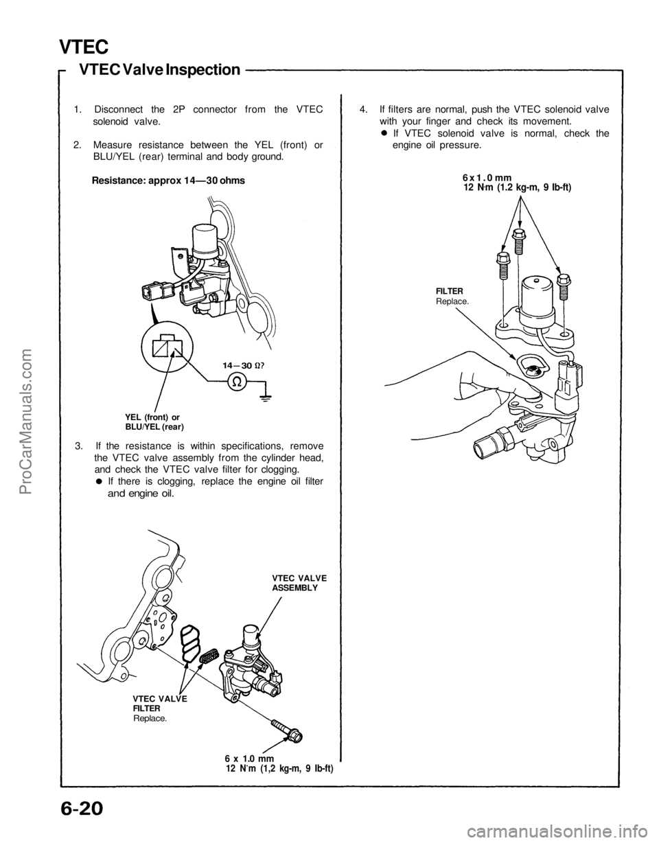 ACURA NSX 1991  Service Repair Manual 
1. Disconnect the 2P connector from the VTEC
solenoid valve.
2. Measure resistance between the YEL (front) or BLU/YEL (rear) terminal and body ground.
Resistance: approx 14—30 ohms 4. If filters ar