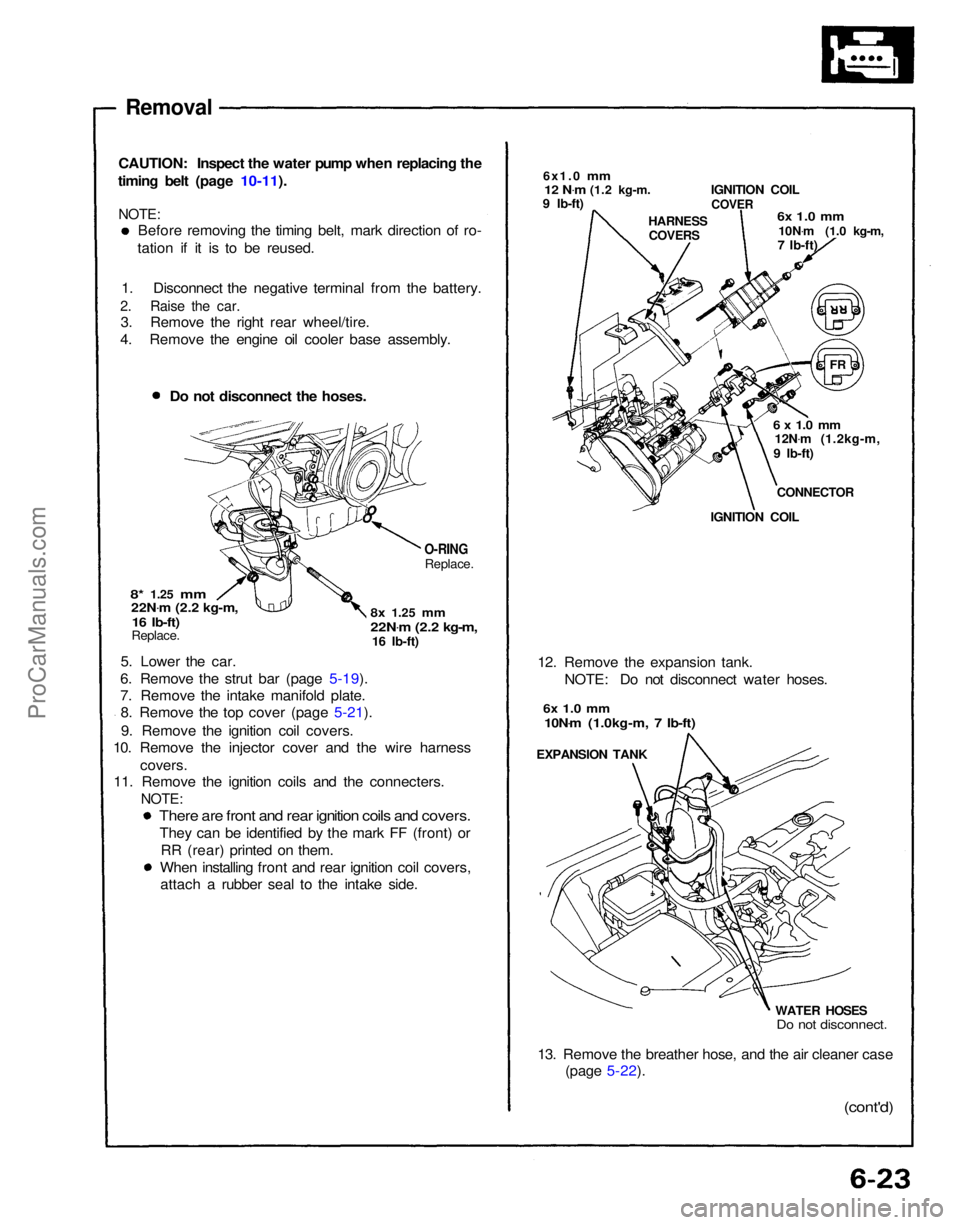 ACURA NSX 1991  Service Repair Manual 
13. Remove the breather hose, and the air cleaner case
(page 5-22).

(cont'd)

WATER HOSES

Do not disconnect.

EXPANSION TANK
12. Remove the expansion tank.
NOTE: Do not disconnect water hoses.
