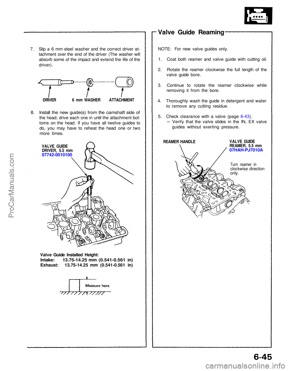 ACURA NSX 1991 Service Repair Manual
7. Slip a 6 mm steel washer and the correct driver at-
tachment over the end of the driver (The washer willabsorb some of the impact and extend the life of the
driver).
DRIVER 6 mm WASHER ATTACHMENT ACURA NSX 1991 Service Repair Manual
7. Slip a 6 mm steel washer and the correct driver at-
tachment over the end of the driver (The washer willabsorb some of the impact and extend the life of the
driver).
DRIVER 6 mm WASHER ATTACHMENT