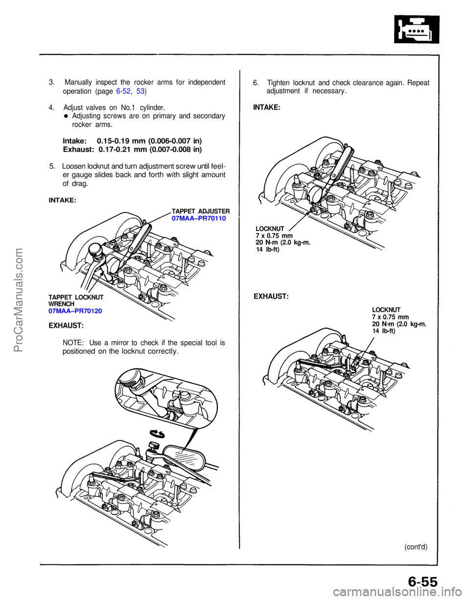 ACURA NSX 1991 Service Repair Manual
(cont'd)
LOCKNUT
7 x
0.75
mm
20 N
.
m
(2.0 kg-m.
14 Ib-ft)
LOCKNUT
7 x
0.75
mm
20 N .
m
(2.0 kg-m.
14 Ib-ft)
EXHAUST:
6. Tighten locknut and check clearance again. Repeat
adjustment if ACURA NSX 1991 Service Repair Manual
(cont'd)
LOCKNUT
7 x
0.75
mm
20 N
.
m
(2.0 kg-m.
14 Ib-ft)
LOCKNUT
7 x
0.75
mm
20 N .
m
(2.0 kg-m.
14 Ib-ft)
EXHAUST:
6. Tighten locknut and check clearance again. Repeat
adjustment if