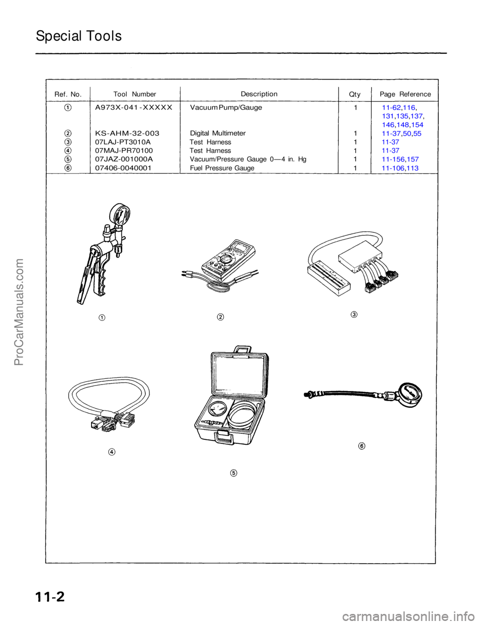 ACURA NSX 1991 Service Repair Manual
Special Tools
Ref. No.
Tool Number
A973X-041 -XXXXX
KS-AHM-32-003
07LAJ-PT3010A
07MAJ-PR70100
07JAZ-001000A
07406-0040001
Page Reference
11-62,116,
131,135,137,
146,148,154
11-37,50,55
11-3 ACURA NSX 1991 Service Repair Manual
Special Tools
Ref. No.
Tool Number
A973X-041 -XXXXX
KS-AHM-32-003
07LAJ-PT3010A
07MAJ-PR70100
07JAZ-001000A
07406-0040001
Page Reference
11-62,116,
131,135,137,
146,148,154
11-37,50,55
11-3