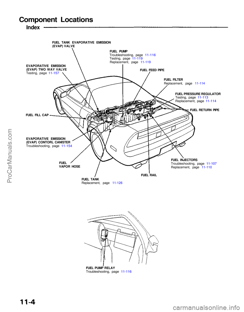 ACURA NSX 1991 Service Repair Manual
Component Locations
Index
FUEL TANK EVAPORATIVE EMISSION(EVAP) VALVE
EVAPORATIVE EMISSION (EVAP) TWO WAY VALVE
Testing, page 11-157
FUEL PUMP
Troubleshooting, page 11-116
Testing, page 11-119
R ACURA NSX 1991 Service Repair Manual
Component Locations
Index
FUEL TANK EVAPORATIVE EMISSION(EVAP) VALVE
EVAPORATIVE EMISSION (EVAP) TWO WAY VALVE
Testing, page 11-157
FUEL PUMP
Troubleshooting, page 11-116
Testing, page 11-119
R