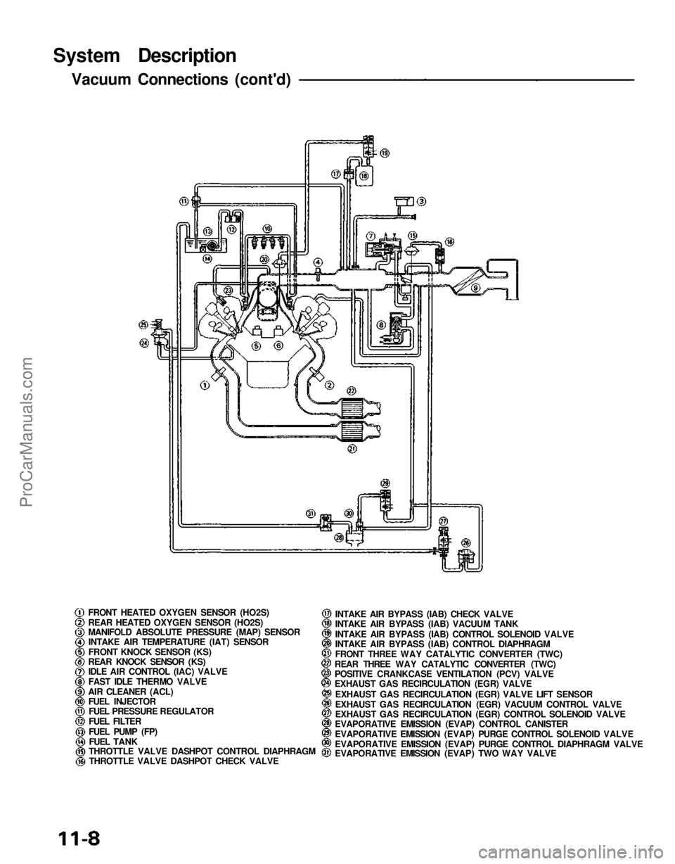 ACURA NSX 1991 Service Repair Manual
System Description
Vacuum Connections (cont'd)
FRONT HEATED OXYGEN SENSOR (HO2S)
REAR HEATED OXYGEN SENSOR (HO2S)
MANIFOLD ABSOLUTE PRESSURE (MAP) SENSORINTAKE AIR TEMPERATURE (IAT) SENSOR
FRONT ACURA NSX 1991 Service Repair Manual
System Description
Vacuum Connections (cont'd)
FRONT HEATED OXYGEN SENSOR (HO2S)
REAR HEATED OXYGEN SENSOR (HO2S)
MANIFOLD ABSOLUTE PRESSURE (MAP) SENSORINTAKE AIR TEMPERATURE (IAT) SENSOR
FRONT