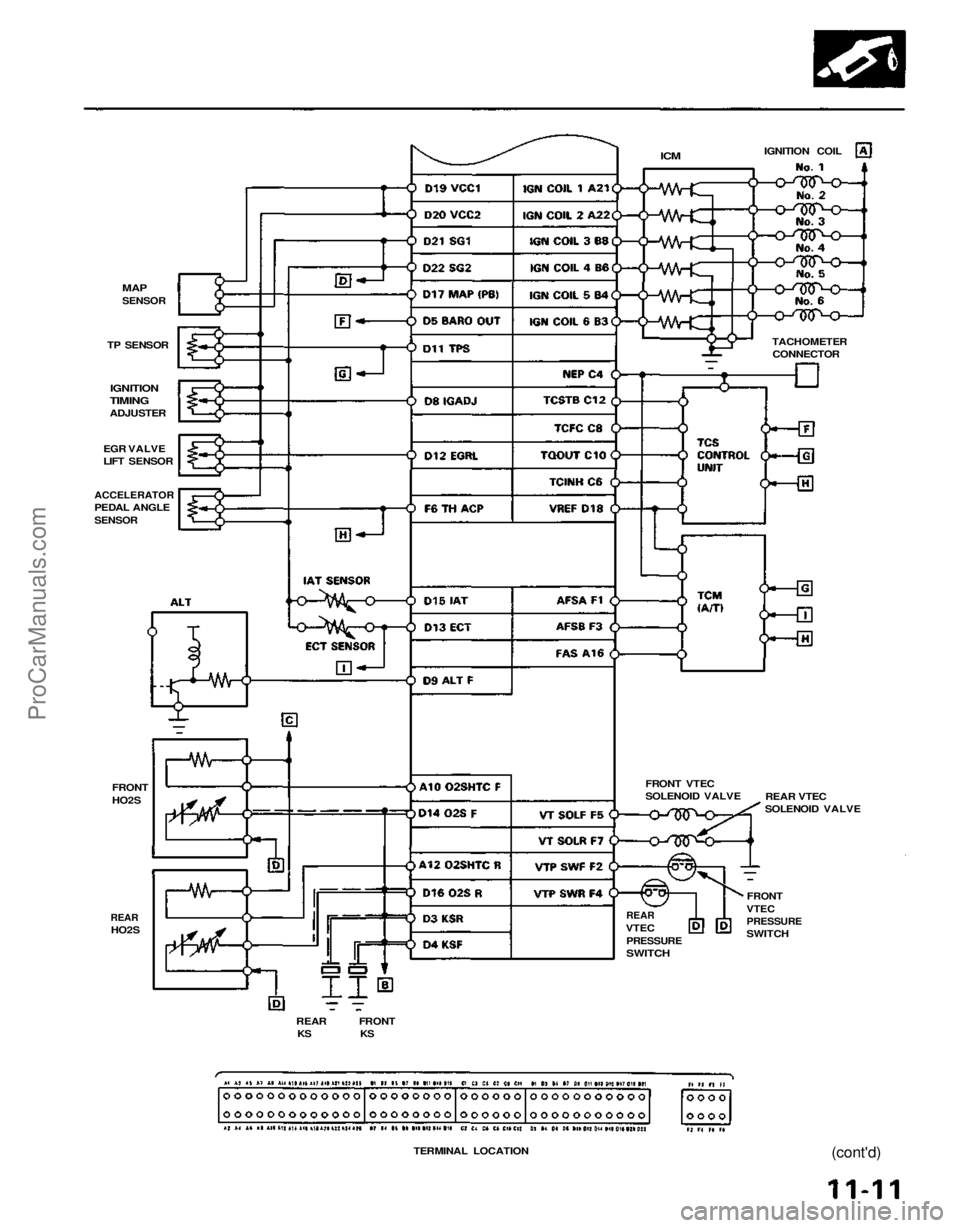 ACURA NSX 1991  Service Repair Manual 
MAP

SENSOR

TP SENSOR
 IGNITION

TIMING

ADJUSTER
EGR VALVE
LIFT SENSOR

ACCELERATOR

PEDAL ANGLE

SENSOR

FRONT

HO2S

REAR
 HO2S
REAR FRONT
KS KS

TERMINAL LOCATION
 (cont'd)

REAR VTEC
SOLENO