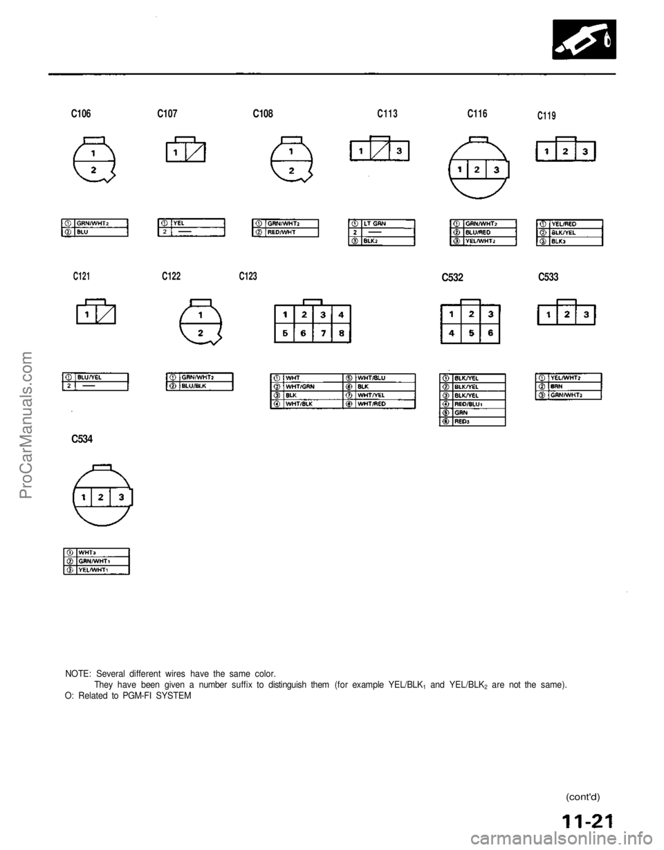 ACURA NSX 1991 Service Repair Manual
C106
C107
C108
C113
C116
C119
C533
C532
C121
C122
C123
C534
NOTE: Several different wires have the same color.
They have been given a number suffix to distinguish them (for example YEL ACURA NSX 1991 Service Repair Manual
C106
C107
C108
C113
C116
C119
C533
C532
C121
C122
C123
C534
NOTE: Several different wires have the same color.
They have been given a number suffix to distinguish them (for example YEL