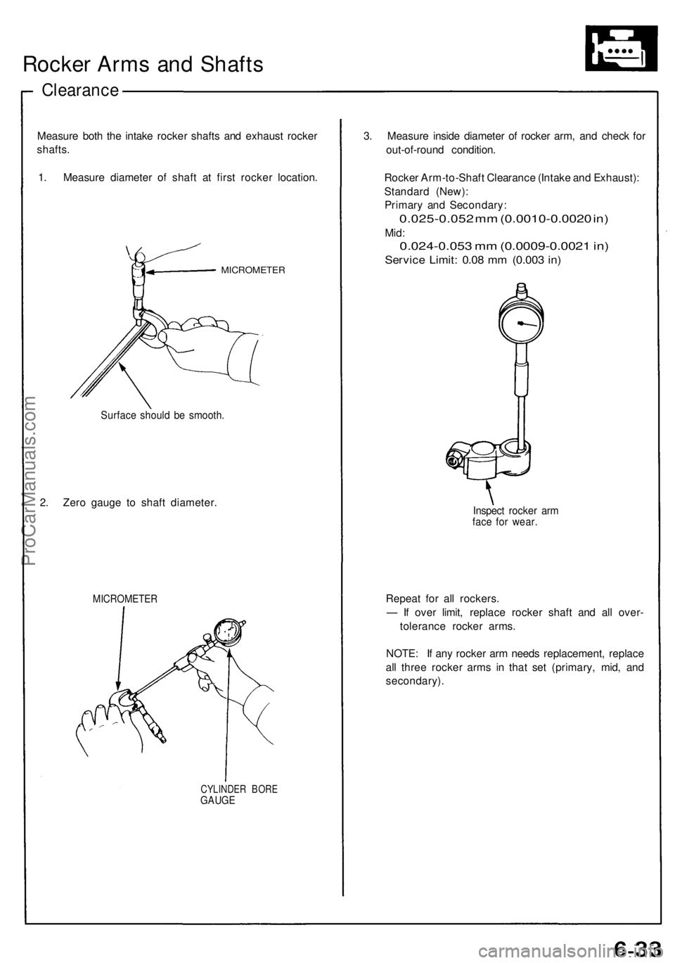 ACURA NSX 1991 Service Repair Manual Rocker Arm s an d Shaft s
Clearanc e
Measure bot h th e intak e rocke r shaft s an d exhaus t rocke r
shafts .
1 . Measur e diamete r o f shaf t a t firs t rocke r location .
MICROMETE R
Surface shoul ACURA NSX 1991 Service Repair Manual Rocker Arm s an d Shaft s
Clearanc e
Measure bot h th e intak e rocke r shaft s an d exhaus t rocke r
shafts .
1 . Measur e diamete r o f shaf t a t firs t rocke r location .
MICROMETE R
Surface shoul