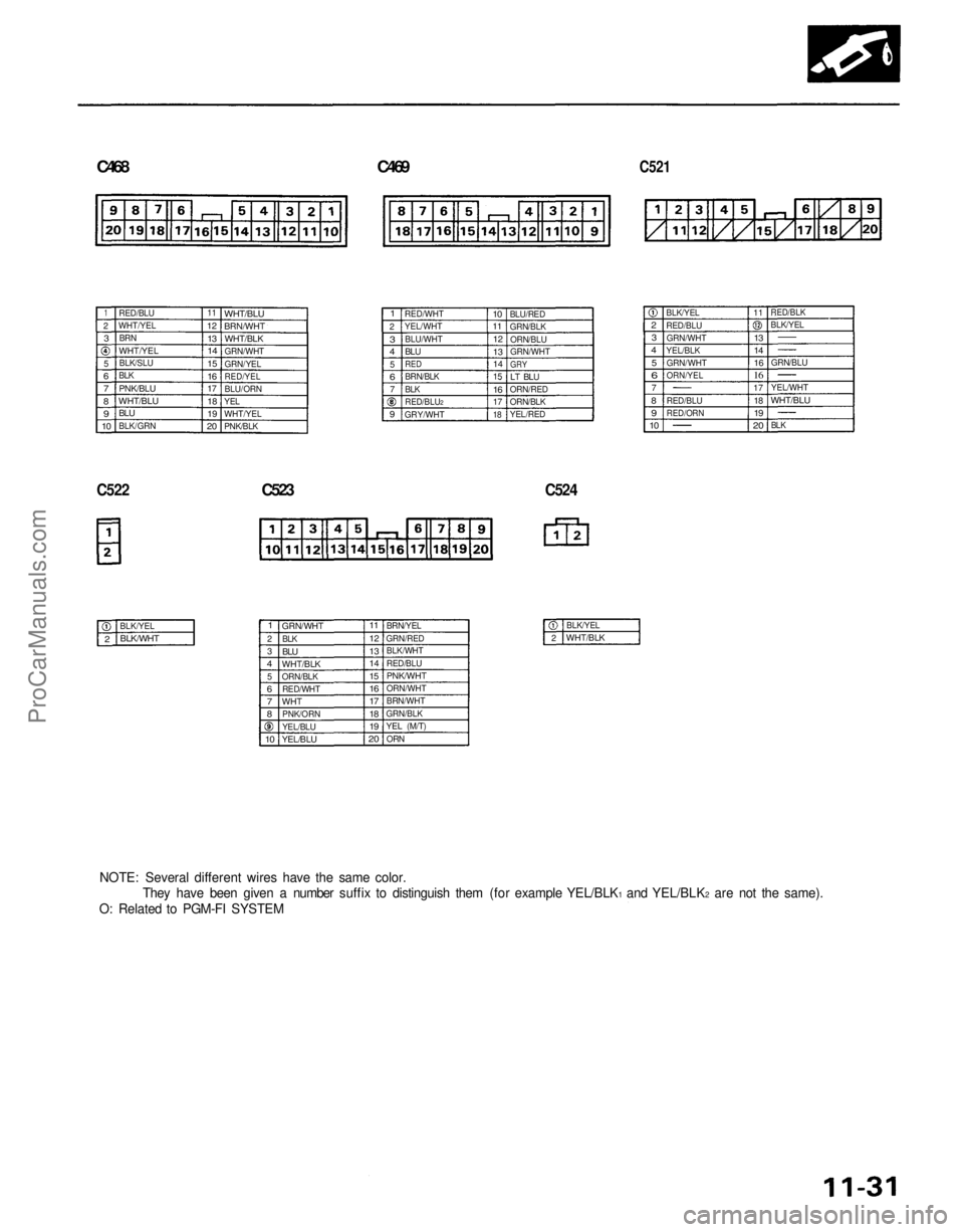 ACURA NSX 1991  Service Repair Manual 
C468
 
C469
 
C521

C522
 
C523
 
C524

NOTE: Several different wires have the same color.
They have been given a number suffix to distinguish them (for example YEL/BLK1 and YEL/BLK2 are not the same