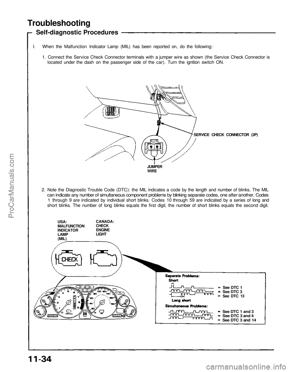 ACURA NSX 1991  Service Repair Manual 
Troubleshooting
Self-diagnostic Procedures
I. When the Malfunction Indicator Lamp (MIL) has been reported on, do the following: 1. Connect the Service Check Connector terminals with a jumper wire as 