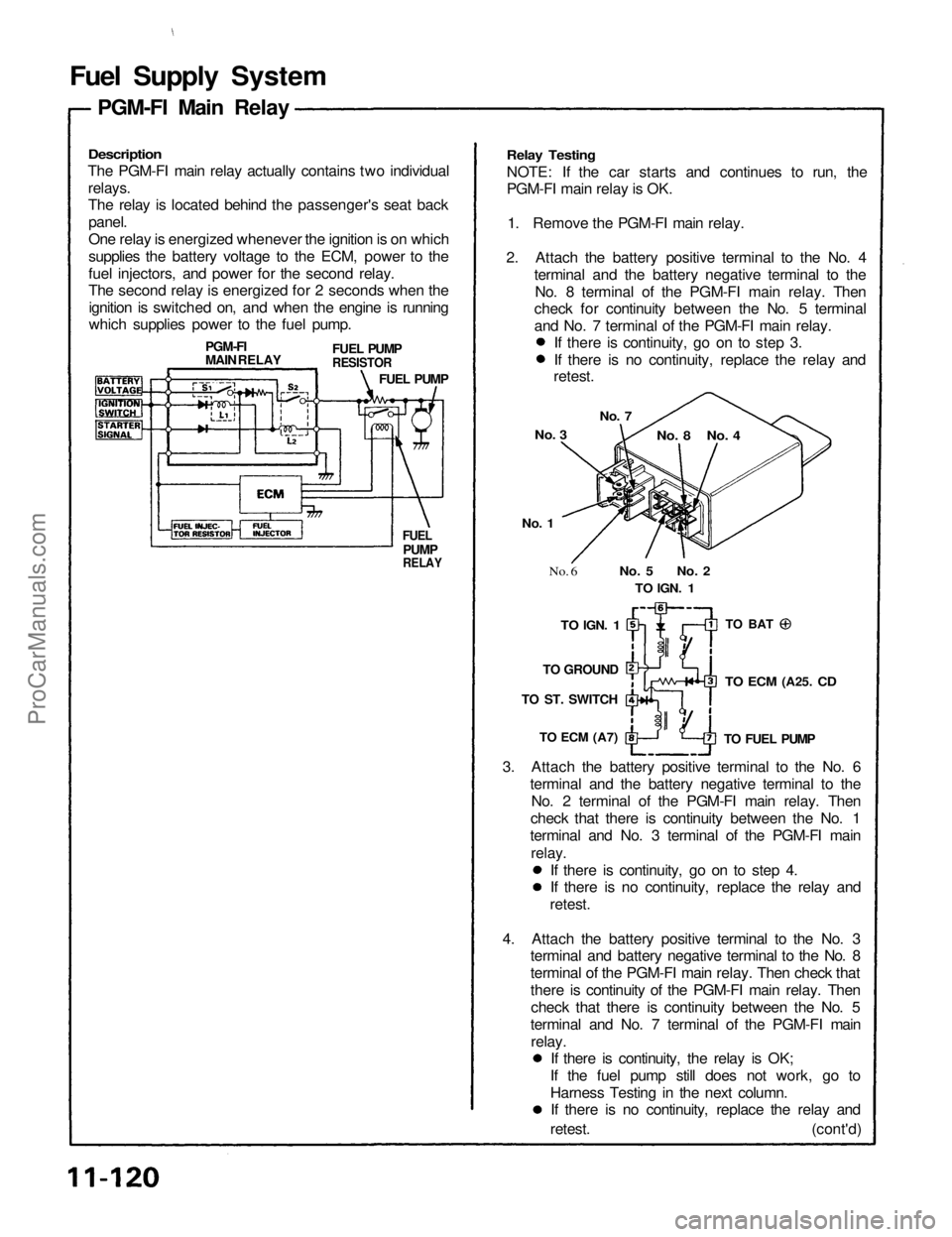ACURA NSX 1991 Service Repair Manual
Fuel Supply System
Description
The PGM-FI main relay actually contains two individual
relays.
The relay is located behind the passenger's seat backpanel.
One relay is energized whenever the i ACURA NSX 1991 Service Repair Manual
Fuel Supply System
Description
The PGM-FI main relay actually contains two individual
relays.
The relay is located behind the passenger's seat backpanel.
One relay is energized whenever the i