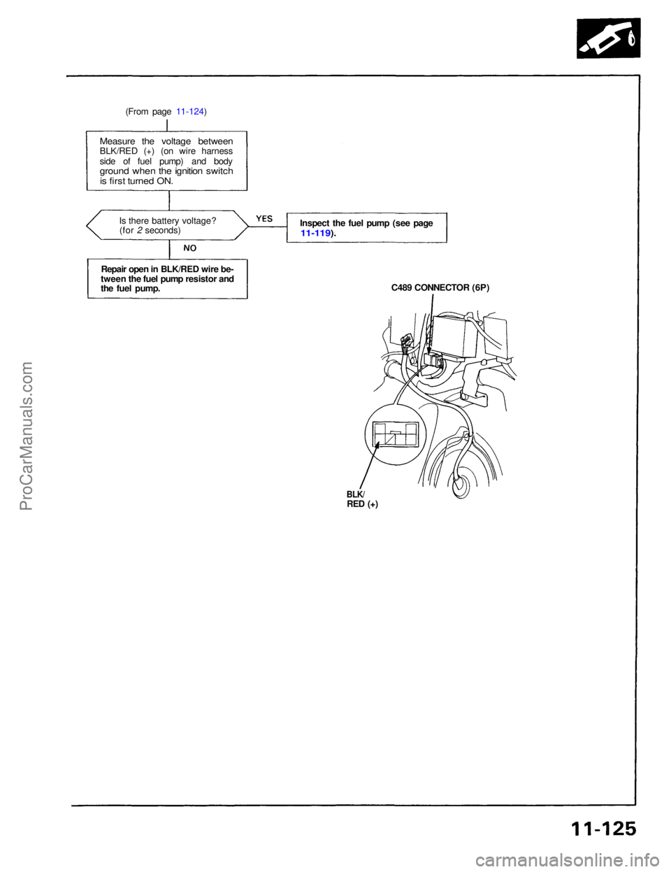 ACURA NSX 1991 Service Repair Manual
(From page 11-124)
C489 CONNECTOR (6P)
Inspect the fuel pump (see page
11-119).
BLK/
RED (+)
Measure the voltage between
BLK/RED (+) (on wire harness
side of fuel pump) and body
ground when the ACURA NSX 1991 Service Repair Manual
(From page 11-124)
C489 CONNECTOR (6P)
Inspect the fuel pump (see page
11-119).
BLK/
RED (+)
Measure the voltage between
BLK/RED (+) (on wire harness
side of fuel pump) and body
ground when the