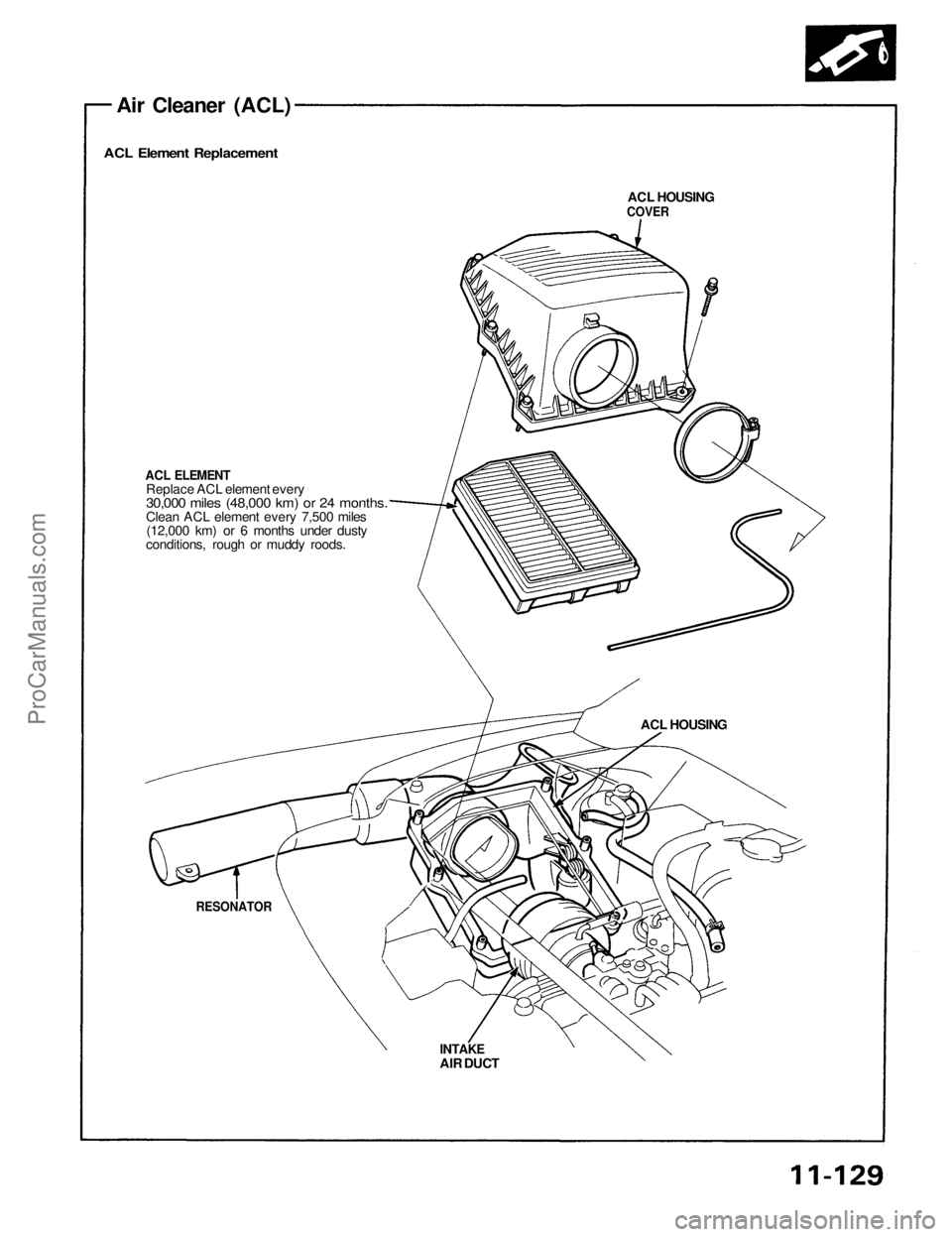 ACURA NSX 1991 Service Repair Manual
Air Cleaner (ACL)
ACL Element Replacement
ACL HOUSING
COVER
ACL ELEMENT
Replace ACL element every
30,000 miles (48,000 km) or 24 months.
Clean ACL element every 7,500 miles
(12,000 km) or 6 m ACURA NSX 1991 Service Repair Manual
Air Cleaner (ACL)
ACL Element Replacement
ACL HOUSING
COVER
ACL ELEMENT
Replace ACL element every
30,000 miles (48,000 km) or 24 months.
Clean ACL element every 7,500 miles
(12,000 km) or 6 m