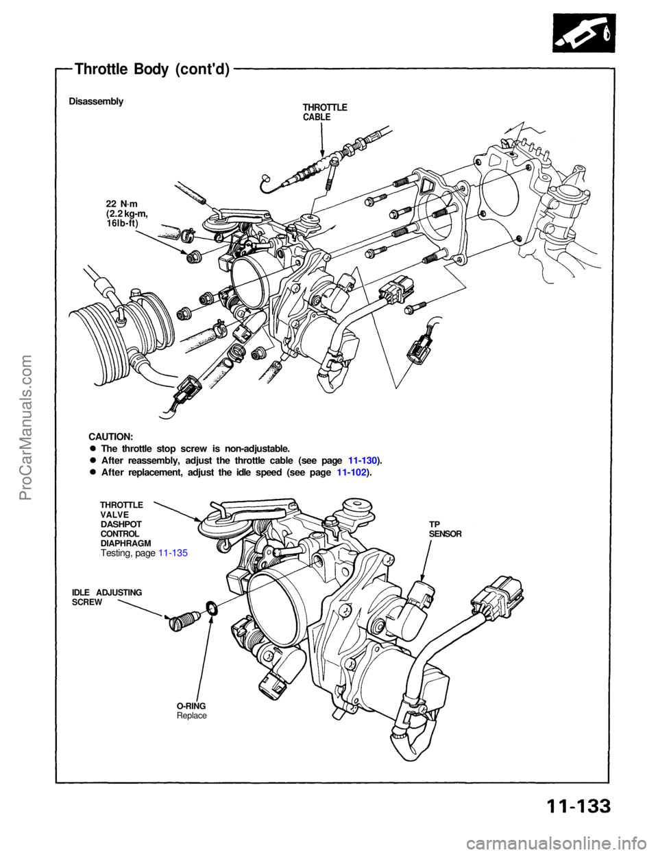 ACURA NSX 1991  Service Repair Manual Throttle Bod y (cont'd )
Disassembl yTHROTTLECABLE
22 N· m(2.2 kg-m ,16lb-ft )
CAUTION :
THROTTL E
VALV E
DASHPO TTPSENSO R
CONTRO L
DIAPHRAG M
Testing, pag e 11-13 5
IDLE ADJUSTIN GSCREW
O-RINGR
