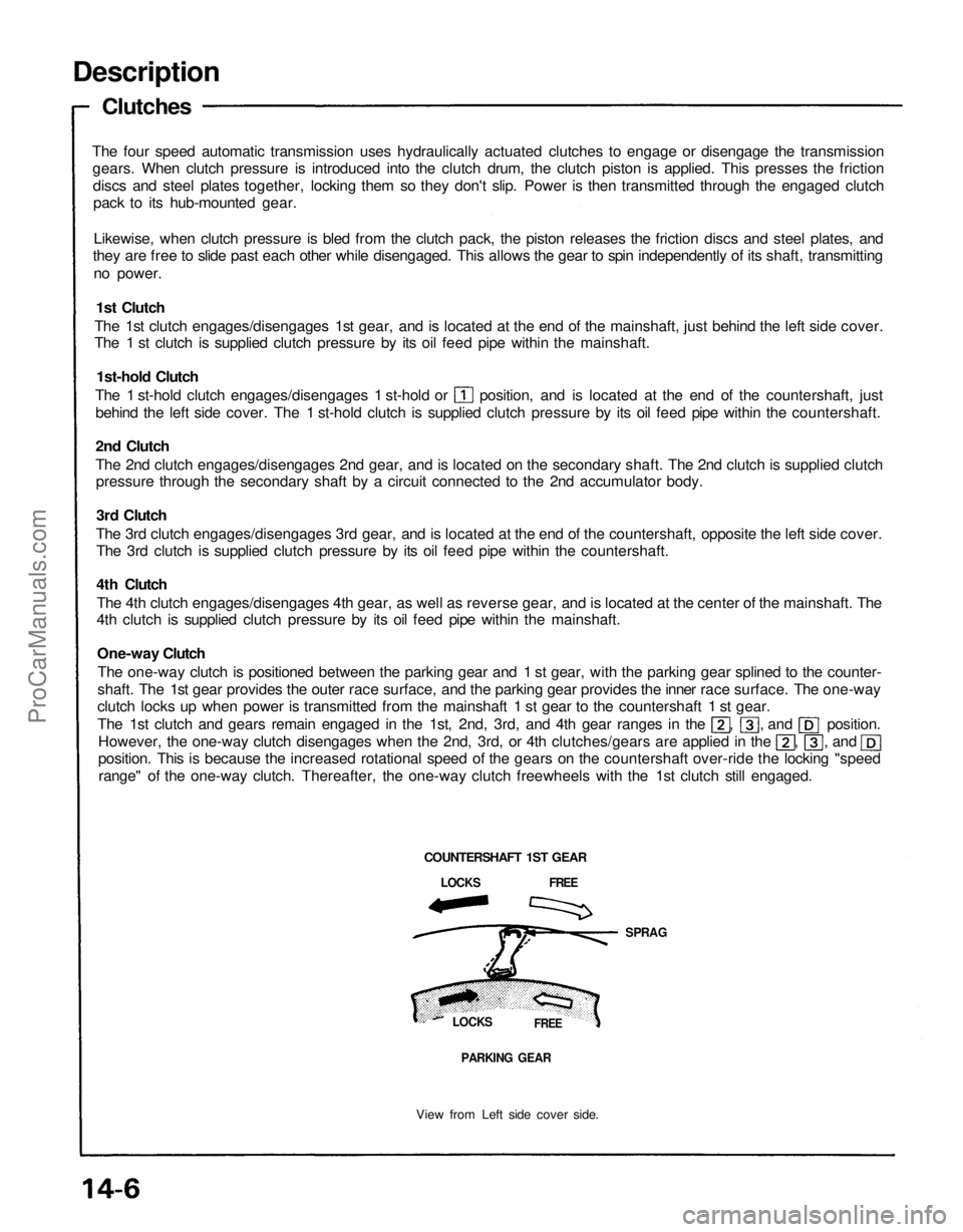 ACURA NSX 1991 Service Repair Manual
Description
Clutches
The four speed automatic transmission uses hydraulically actuated clutches to engage or disengage the transmission
gears. When clutch pressure is introduced into the clutch dr ACURA NSX 1991 Service Repair Manual
Description
Clutches
The four speed automatic transmission uses hydraulically actuated clutches to engage or disengage the transmission
gears. When clutch pressure is introduced into the clutch dr