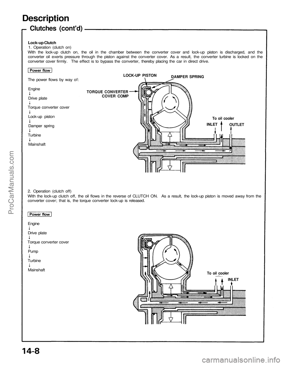 ACURA NSX 1991 Service Repair Manual
Description
Clutches (cont'd)
Lock-up Clutch
1. Operation (clutch on)
With the lock-up clutch on, the oil in the chamber between the converter cover and lock-up piston is discharged, and the
ACURA NSX 1991 Service Repair Manual
Description
Clutches (cont'd)
Lock-up Clutch
1. Operation (clutch on)
With the lock-up clutch on, the oil in the chamber between the converter cover and lock-up piston is discharged, and the