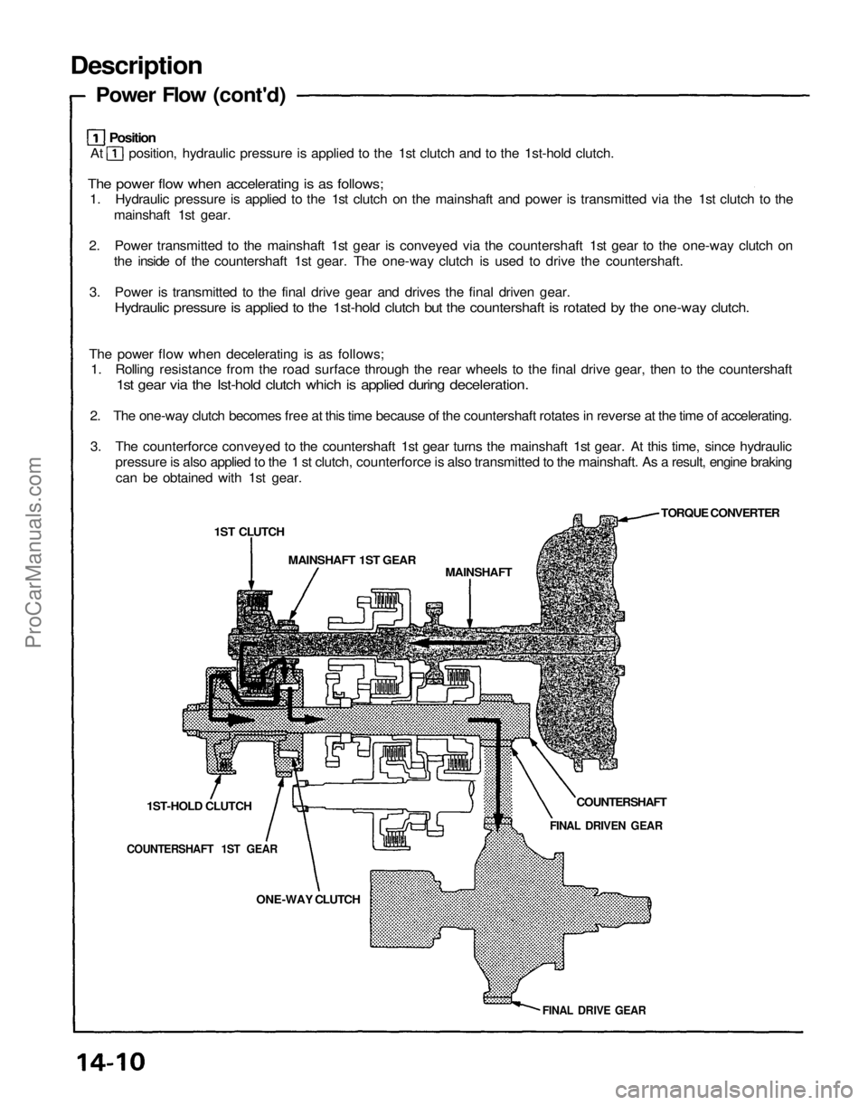 ACURA NSX 1991 Service Repair Manual
Description
Power Flow (cont'd)
Position
At position, hydraulic pressure is applied to the 1st clutch and to the 1st-hold clutch.
The power flow when accelerating is as follows;
1. Hydraulic ACURA NSX 1991 Service Repair Manual
Description
Power Flow (cont'd)
Position
At position, hydraulic pressure is applied to the 1st clutch and to the 1st-hold clutch.
The power flow when accelerating is as follows;
1. Hydraulic