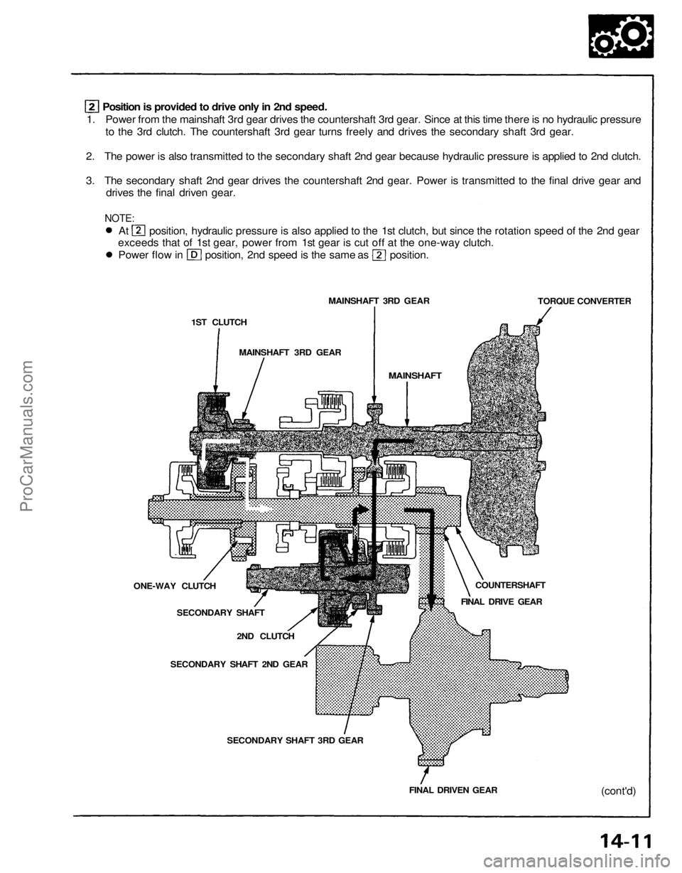 ACURA NSX 1991 Service Repair Manual
1. Power from the mainshaft 3rd gear drives the countershaft 3rd gear. Since at this time there is no hydraulic pressure
to the 3rd clutch. The countershaft 3rd gear turns freely and drives the seco ACURA NSX 1991 Service Repair Manual
1. Power from the mainshaft 3rd gear drives the countershaft 3rd gear. Since at this time there is no hydraulic pressure
to the 3rd clutch. The countershaft 3rd gear turns freely and drives the seco