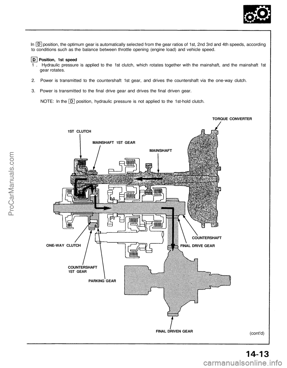 ACURA NSX 1991 Service Repair Manual
In position, the optimum gear is automatically selected from the gear ratios of 1st, 2nd 3rd and 4th speeds, according
to conditions such as the balance between throttle opening (engine load) a ACURA NSX 1991 Service Repair Manual
In position, the optimum gear is automatically selected from the gear ratios of 1st, 2nd 3rd and 4th speeds, according
to conditions such as the balance between throttle opening (engine load) a