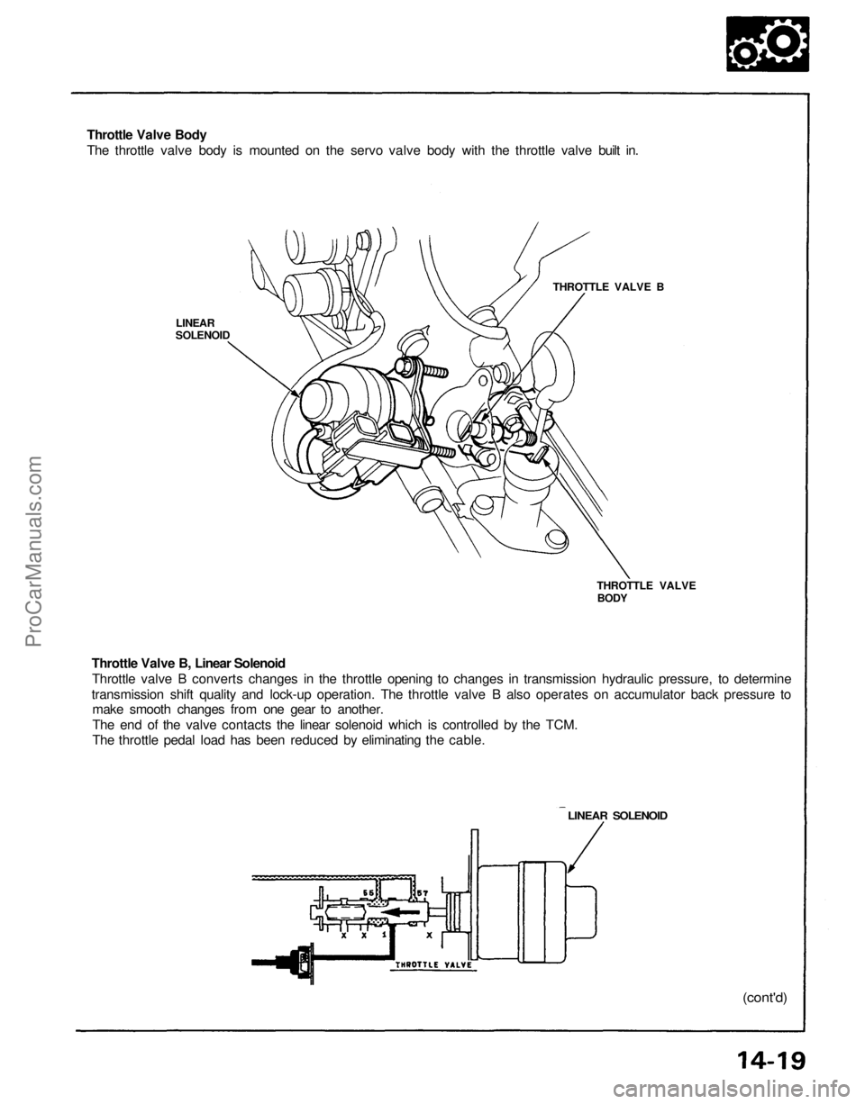 ACURA NSX 1991 Service Repair Manual
Throttle Valve Body
The throttle valve body is mounted on the servo valve body with the throttle valve built in.
LINEAR
SOLENOID
THROTTLE VALVE B
THROTTLE VALVE
BODY
Throttle Valve B, Linear S ACURA NSX 1991 Service Repair Manual
Throttle Valve Body
The throttle valve body is mounted on the servo valve body with the throttle valve built in.
LINEAR
SOLENOID
THROTTLE VALVE B
THROTTLE VALVE
BODY
Throttle Valve B, Linear S