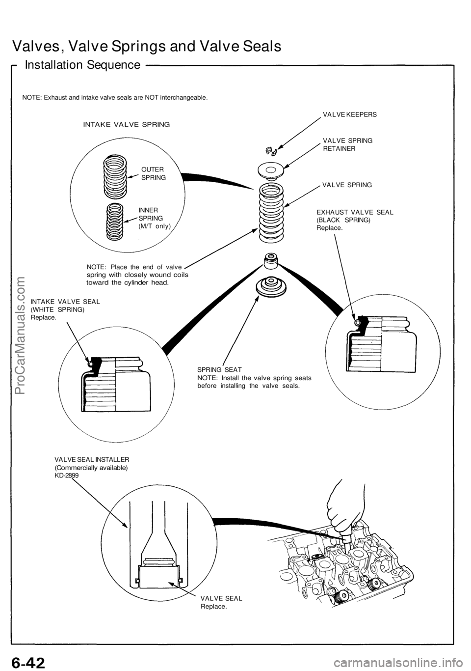 ACURA NSX 1991 Service Repair Manual Valves, Valv e Spring s an d Valv e Seal s
Installatio n Sequenc e
NOTE: Exhaust and intake valve seals are NOT interchangeable.
INTAKE VALV E SPRIN G
VALVE KEEPER S
VALV E SPRIN G
RETAINE R
VALVE SPR ACURA NSX 1991 Service Repair Manual Valves, Valv e Spring s an d Valv e Seal s
Installatio n Sequenc e
NOTE: Exhaust and intake valve seals are NOT interchangeable.
INTAKE VALV E SPRIN G
VALVE KEEPER S
VALV E SPRIN G
RETAINE R
VALVE SPR