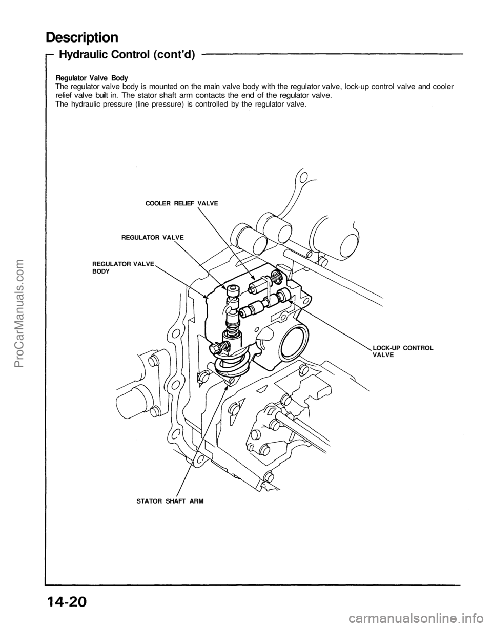 ACURA NSX 1991  Service Repair Manual 
Description

Hydraulic Control (cont'd)

Regulator Valve Body

The regulator valve body is mounted on the main valve body with the regulator valve, lock-up control valve and cooler

relief valve 