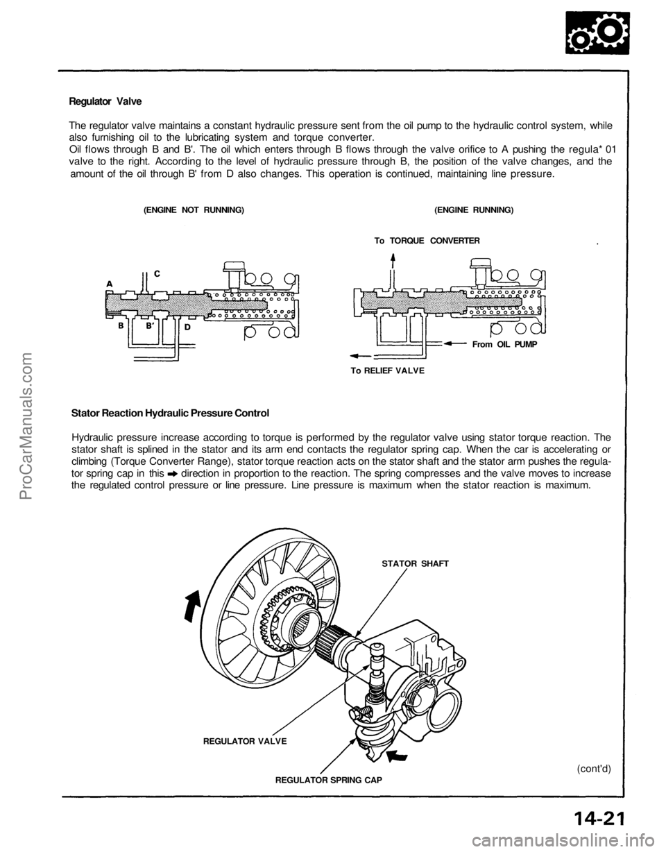 ACURA NSX 1991 Service Repair Manual
Regulator Valve
The regulator valve maintains a constant hydraulic pressure sent from the oil pump to the hydraulic control system, while
also furnishing oil to the lubricating system and torque co ACURA NSX 1991 Service Repair Manual
Regulator Valve
The regulator valve maintains a constant hydraulic pressure sent from the oil pump to the hydraulic control system, while
also furnishing oil to the lubricating system and torque co