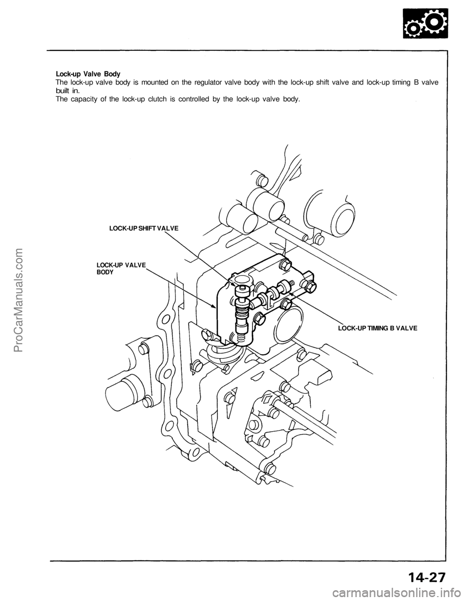 ACURA NSX 1991  Service Repair Manual 
Lock-up Valve Body

The lock-up valve body is mounted on the regulator valve body with the lock-up shift valve and lock-up timing B valve

built in.

The capacity of the lock-up clutch is controlled 