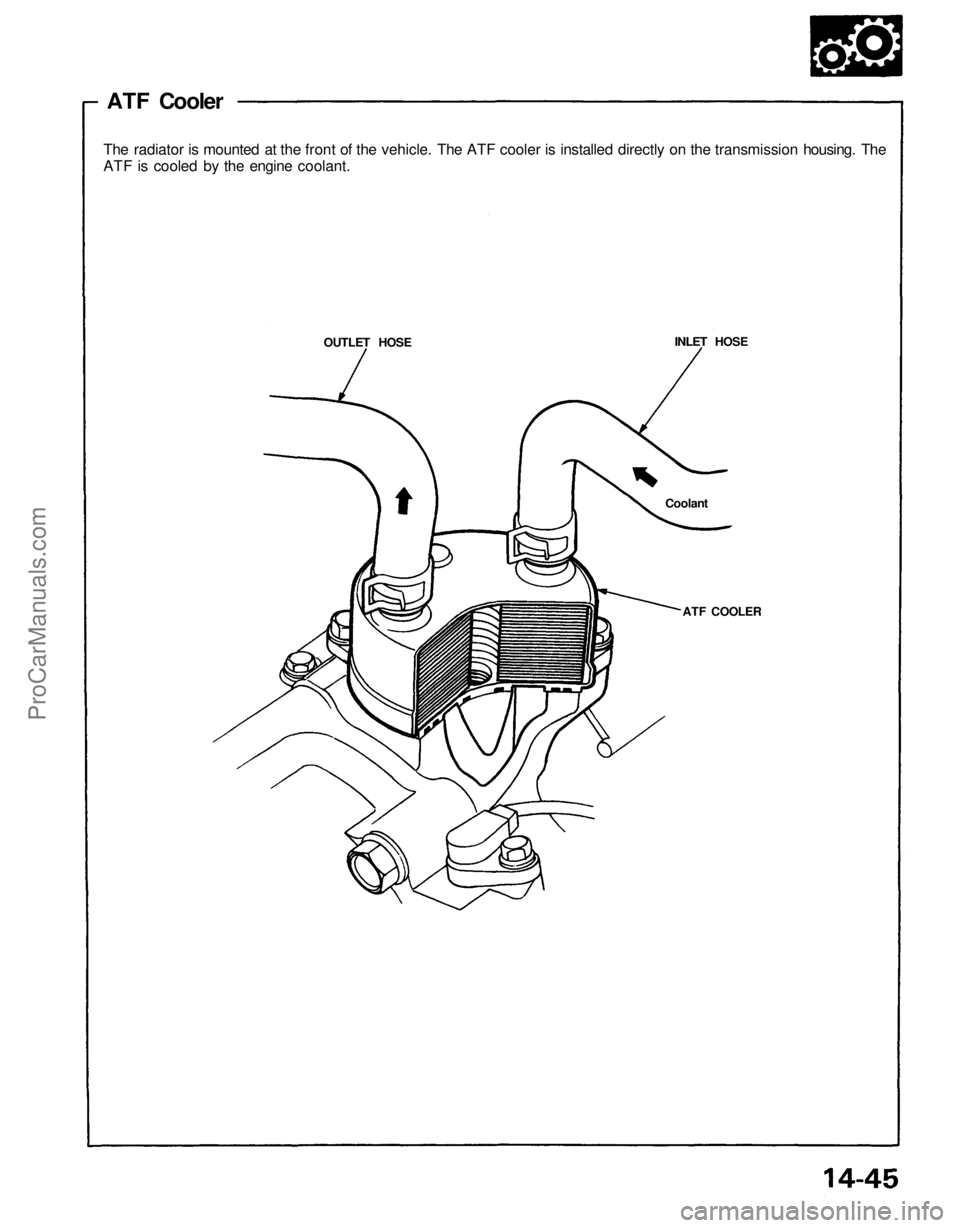 ACURA NSX 1991 Service Repair Manual
ATF Cooler
The radiator is mounted at the front of the vehicle. The ATF cooler is installed directly on the transmission housing. The
ATF is cooled by the engine coolant.
OUTLET HOSE
INLET HOSE
ACURA NSX 1991 Service Repair Manual
ATF Cooler
The radiator is mounted at the front of the vehicle. The ATF cooler is installed directly on the transmission housing. The
ATF is cooled by the engine coolant.
OUTLET HOSE
INLET HOSE