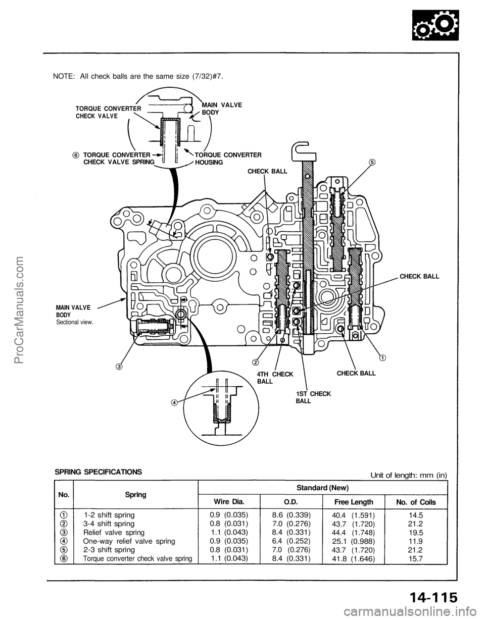 ACURA NSX 1991  Service Repair Manual 
NOTE: All check balls are the same size (7/32)#7.
TORQUE   CONVERTER
CHECK      VALVE     


TORQUE CONVERTER
CHECK VALVE SPRING TORQUE CONVERTER
HOUSING
CHECK BALL
MAIN VALVE

BODY

CHECK BALL
CHECK