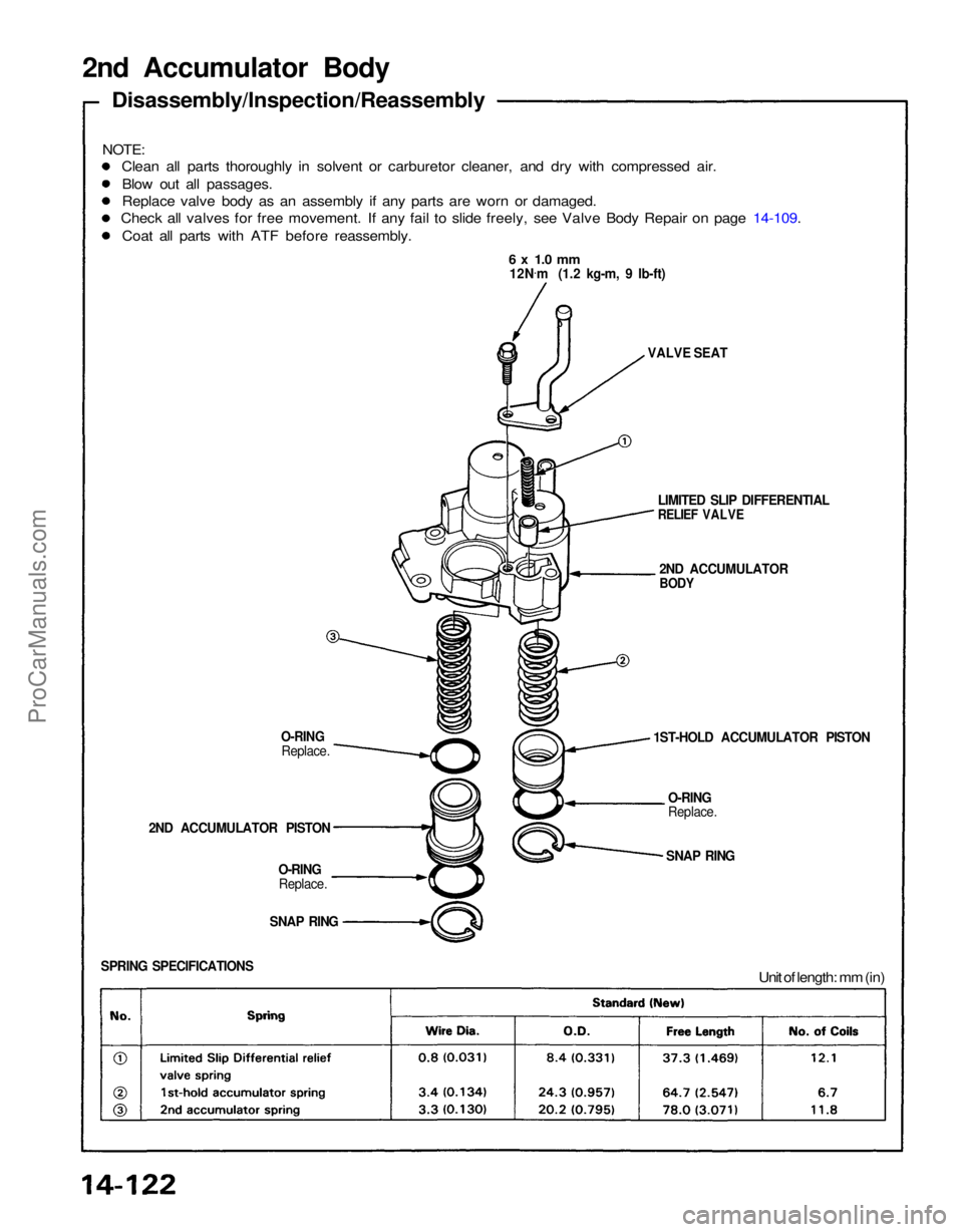ACURA NSX 1991 Service Repair Manual
SPRING SPECIFICATIONS
SNAP RING SNAP RING
Unit of length: mm (in)
O-RING
Replace.
1ST-HOLD ACCUMULATOR PISTON
O-RING Replace.
2ND ACCUMULATOR PISTON
O-RING
Replace. 2ND ACCUMULATOR
BODY
LIMITED ACURA NSX 1991 Service Repair Manual
SPRING SPECIFICATIONS
SNAP RING SNAP RING
Unit of length: mm (in)
O-RING
Replace.
1ST-HOLD ACCUMULATOR PISTON
O-RING Replace.
2ND ACCUMULATOR PISTON
O-RING
Replace. 2ND ACCUMULATOR
BODY
LIMITED