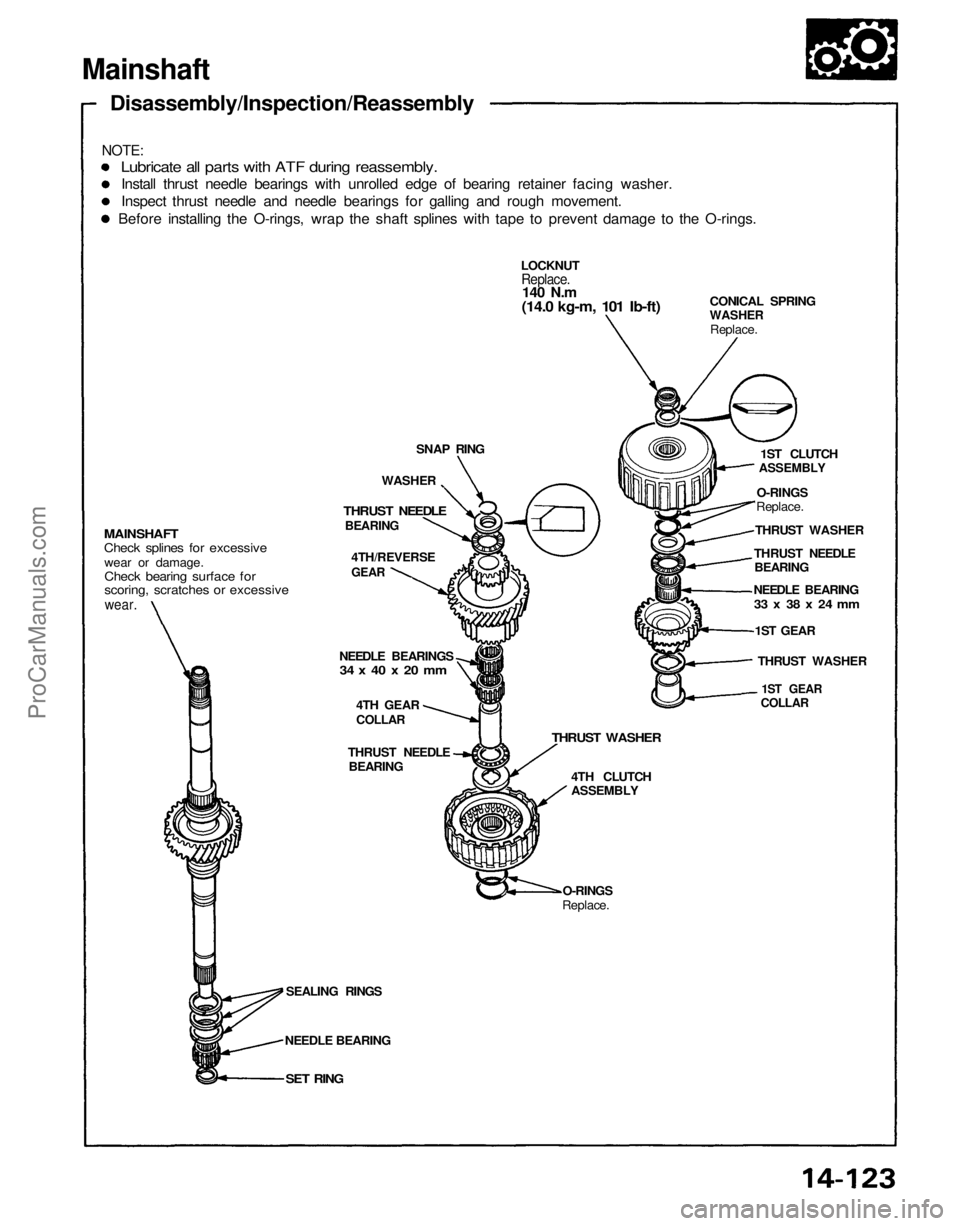 ACURA NSX 1991 Service Repair Manual
SEALING RINGS
NEEDLE BEARING
SET RING
O-RINGS
Replace. 4TH CLUTCH
ASSEMBLY
THRUST WASHER
THRUST NEEDLE BEARING
1ST GEAR
COLLAR
THRUST WASHER
1ST GEAR
NEEDLE BEARING
33 x 38 x 24 mm
THRUST NE ACURA NSX 1991 Service Repair Manual
SEALING RINGS
NEEDLE BEARING
SET RING
O-RINGS
Replace. 4TH CLUTCH
ASSEMBLY
THRUST WASHER
THRUST NEEDLE BEARING
1ST GEAR
COLLAR
THRUST WASHER
1ST GEAR
NEEDLE BEARING
33 x 38 x 24 mm
THRUST NE