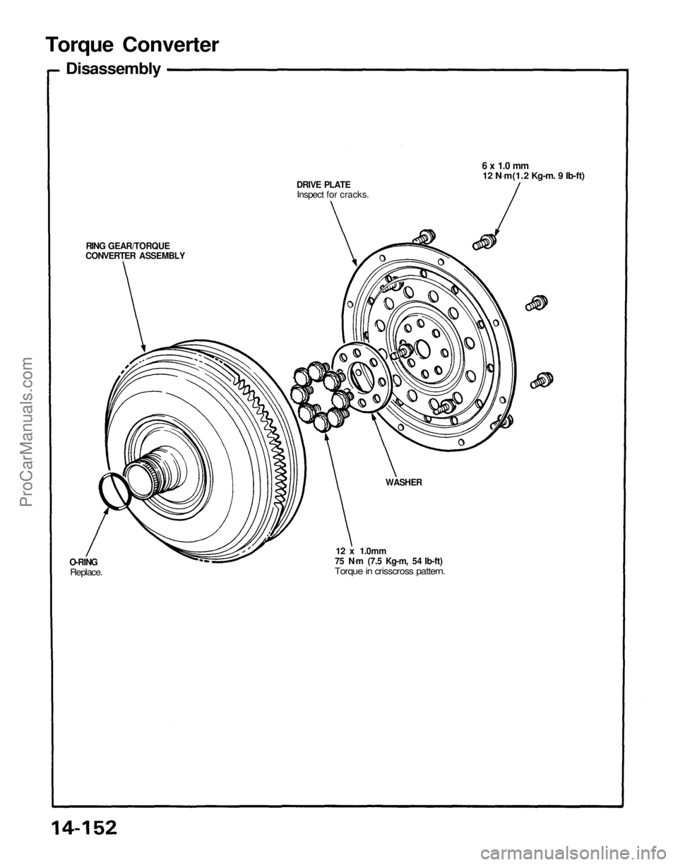 ACURA NSX 1991 Service Repair Manual
Torque Converter
Disassembly
6 x 1.0 mm
12 N .
m(1.2 Kg-m. 9 Ib-ft)
DRIVE PLATE
Inspect for cracks.
RING GEAR/TORQUE
CONVERTER ASSEMBLY
WASHER
12 x
1.0mm
75 N .
m (7.5 Kg-m, 54 Ib-ft)
Torque ACURA NSX 1991 Service Repair Manual
Torque Converter
Disassembly
6 x 1.0 mm
12 N .
m(1.2 Kg-m. 9 Ib-ft)
DRIVE PLATE
Inspect for cracks.
RING GEAR/TORQUE
CONVERTER ASSEMBLY
WASHER
12 x
1.0mm
75 N .
m (7.5 Kg-m, 54 Ib-ft)
Torque