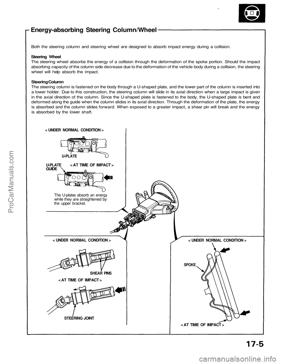 ACURA NSX 1991 Service Repair Manual
Energy-absorbing Steering Column/Wheel
Both the steering column and steering wheel are designed to absorb impact energy during a collision.
Steering Wheel
The steering wheel absorbs the energy of ACURA NSX 1991 Service Repair Manual
Energy-absorbing Steering Column/Wheel
Both the steering column and steering wheel are designed to absorb impact energy during a collision.
Steering Wheel
The steering wheel absorbs the energy of