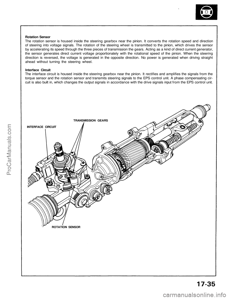ACURA NSX 1991 Service Repair Manual
Rotation Sensor
The rotation sensor is housed inside the steering gearbox near the pinion. It converts the rotation speed and direction
of steering into voltage signals. The rotation of the steerin ACURA NSX 1991 Service Repair Manual
Rotation Sensor
The rotation sensor is housed inside the steering gearbox near the pinion. It converts the rotation speed and direction
of steering into voltage signals. The rotation of the steerin
