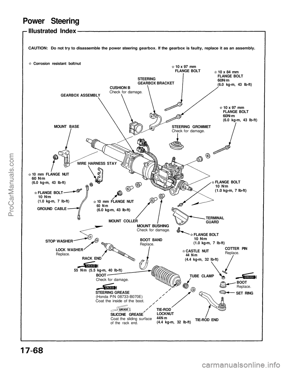 ACURA NSX 1991  Service Repair Manual 
Power Steering

Illustrated Index

CAUTION: Do not try to disassemble the power steering gearbox. If the gearbox is faulty, replace it as an assembly.
 Corrosion resistant bolt/nut
GEARBOX ASSEMBLY
M