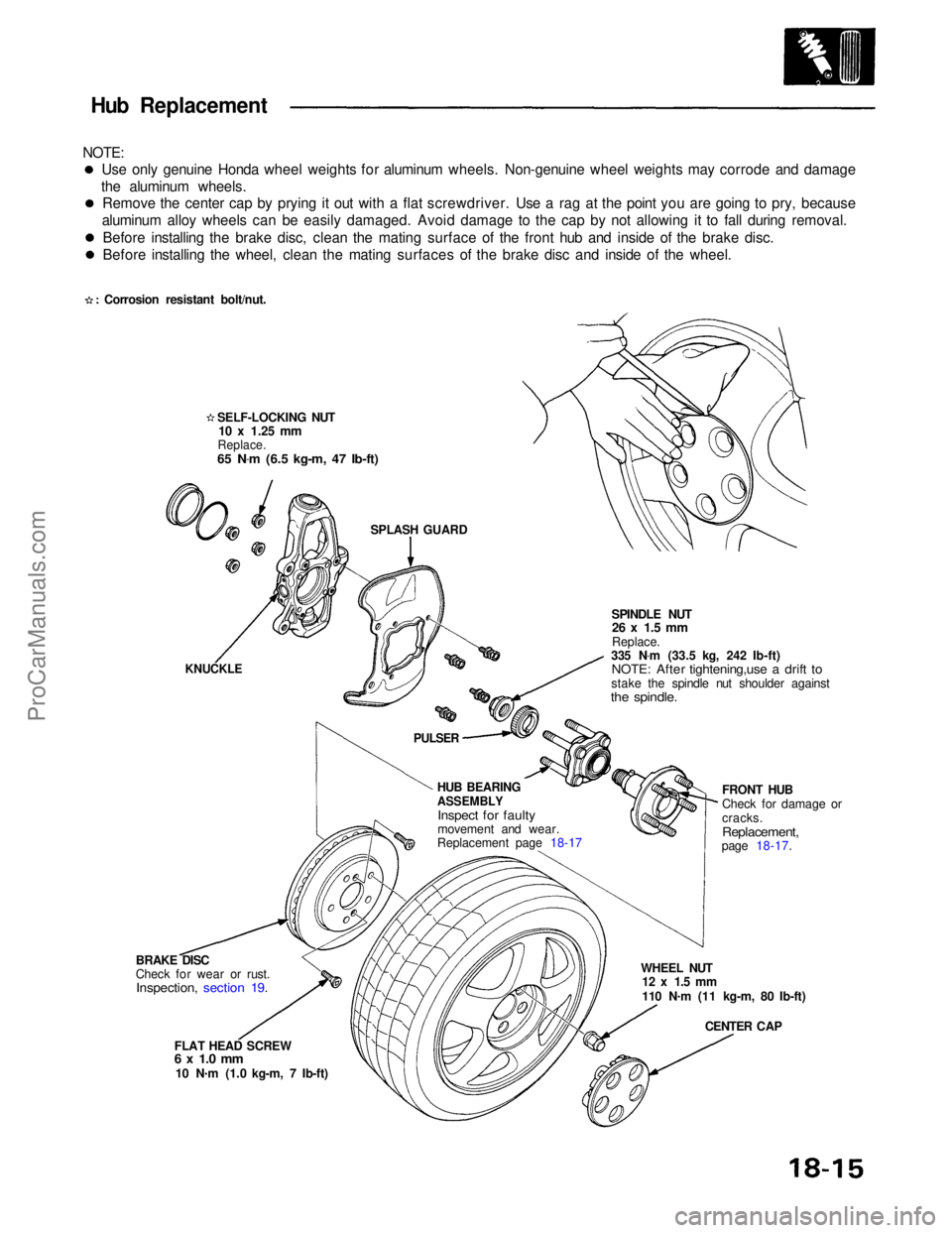 ACURA NSX 1991  Service Repair Manual 
Hub Replacement
NOTE: Use only genuine Honda wheel weights for aluminum wheels. Non-genuine wheel weights may corrode and damage
the aluminum wheels. Remove the center cap by prying it out with a fla