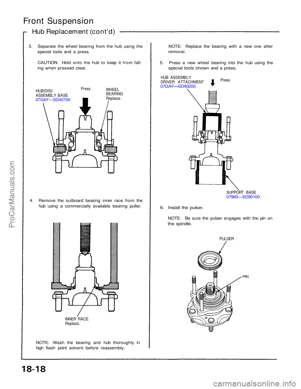 ACURA NSX 1991  Service Repair Manual 
Front Suspension

Hub Replacement (cont'd)
3.   Separate the wheel bearing from the hub using the

 special tools and a press.
CAUTION: Hold onto the hub to keep it from fall-
ing when pressed cl