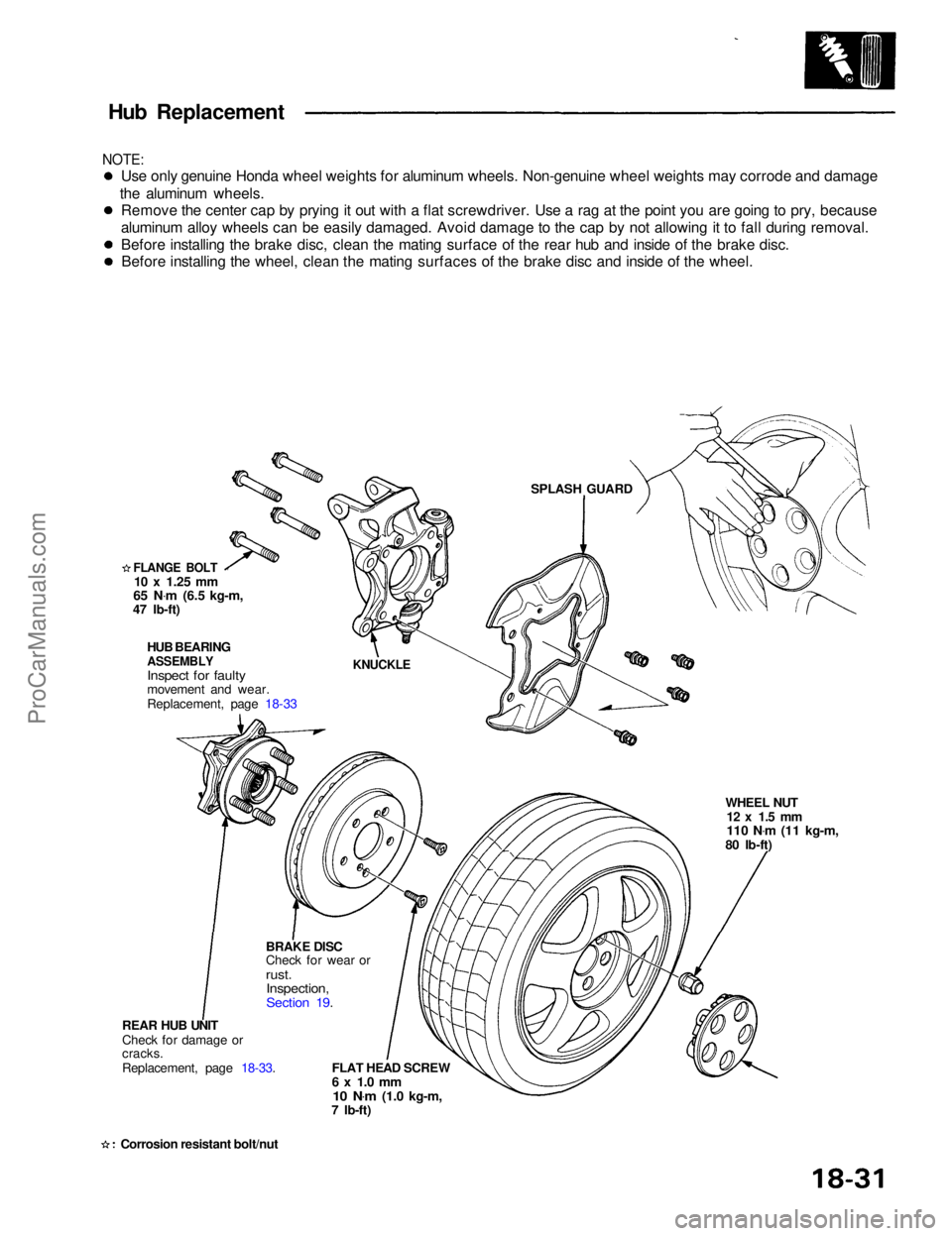 ACURA NSX 1991  Service Repair Manual 
Hub Replacement

NOTE:
 Use only genuine Honda wheel weights for aluminum wheels. Non-genuine wheel weights may corrode and damage
the aluminum wheels. Remove the center cap by prying it out with a f