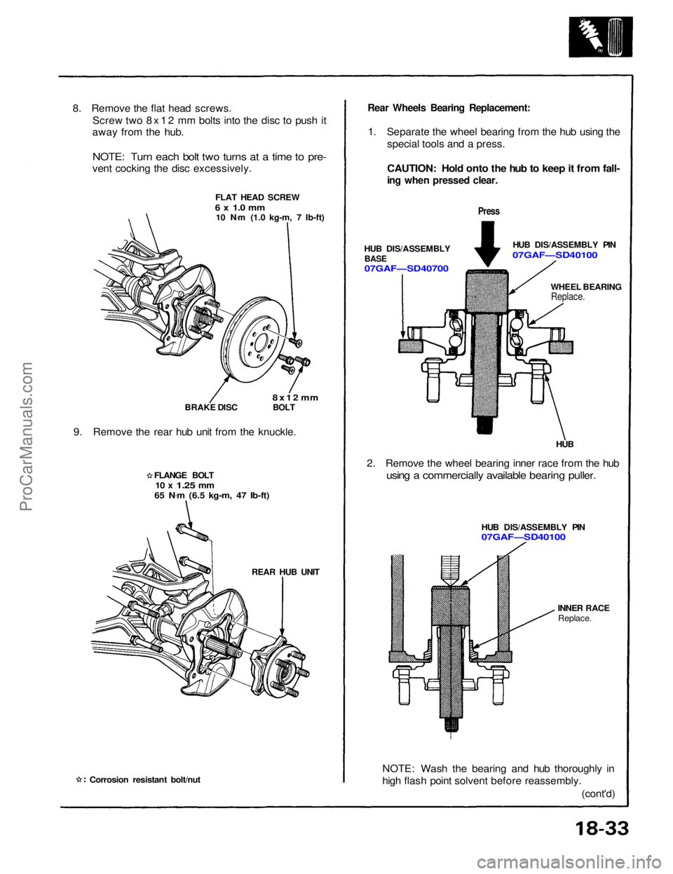 ACURA NSX 1991  Service Repair Manual 
8. Remove the flat head screws.
Screw two 8x12 mm bolts into the disc to push it
away from the hub.

NOTE: Turn each bolt two turns at a time to pre-

vent cocking the disc excessively.
FLAT HEAD SCR