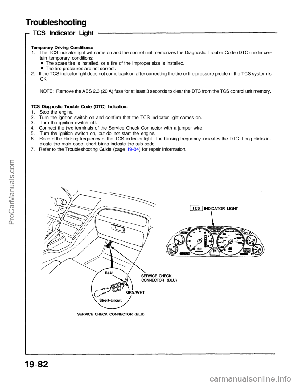 ACURA NSX 1991  Service Repair Manual 
Troubleshooting
TCS Indicator Light

Temporary Driving Conditions:
 1. The TCS indicator light will come on and the control unit memorizes the Diagnostic Trouble Code (DTC) under cer-
tain temporary 