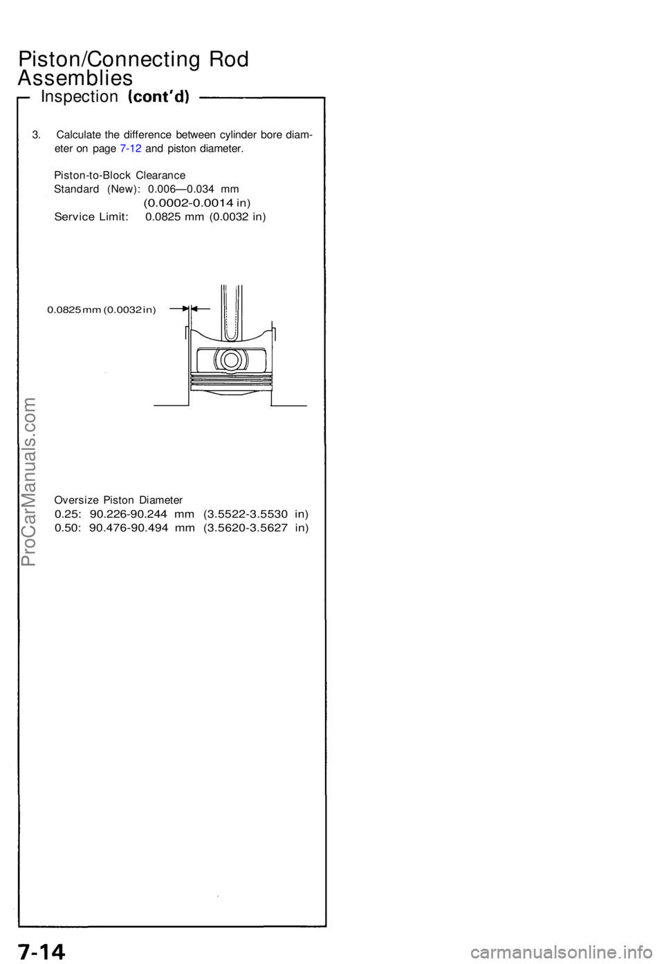 ACURA NSX 1991 Service Repair Manual Piston/Connecting Ro d
Assemblie s
Inspection
3. Calculat e th e differenc e betwee n cylinde r bor e diam -
ete r o n pag e 7-1 2 an d pisto n diameter .
Piston-to-Bloc k Clearanc e
Standar d (New) : ACURA NSX 1991 Service Repair Manual Piston/Connecting Ro d
Assemblie s
Inspection
3. Calculat e th e differenc e betwee n cylinde r bor e diam -
ete r o n pag e 7-1 2 an d pisto n diameter .
Piston-to-Bloc k Clearanc e
Standar d (New) :
