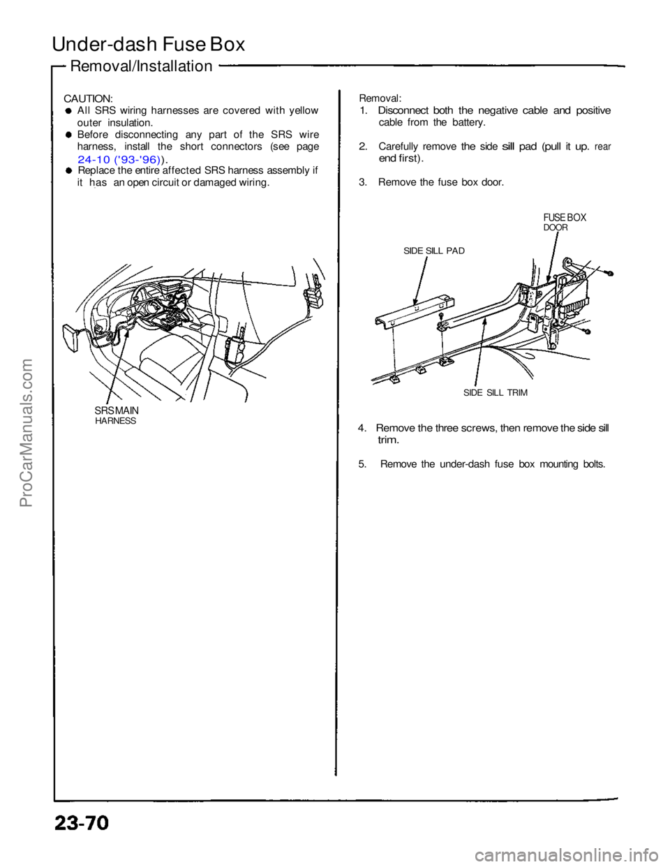 ACURA NSX 1991  Service Repair Manual 
Under-dash Fuse Box

CAUTION:
 All SRS wiring harnesses are covered with yellow
outer insulation.
Before disconnecting any part of the SRS wire
harness, install the short connectors (see page

24-10 