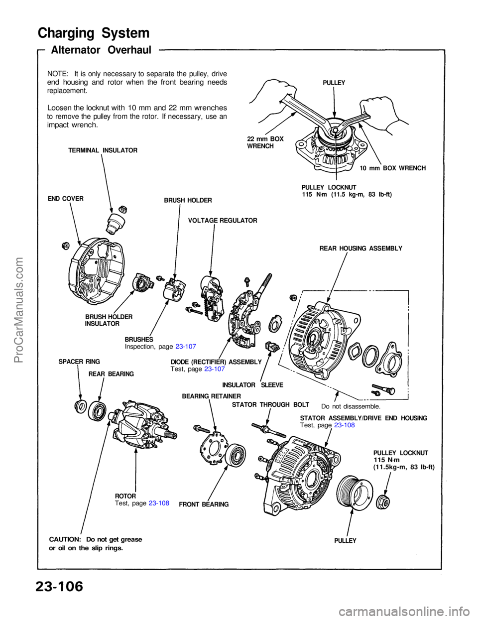 ACURA NSX 1991  Service Repair Manual 
Charging System
Alternator Overhaul
NOTE: It is only necessary to separate the pulley, drive

end housing and rotor when the front bearing needs

replacement.

Loosen the locknut with 10 mm and 22 mm