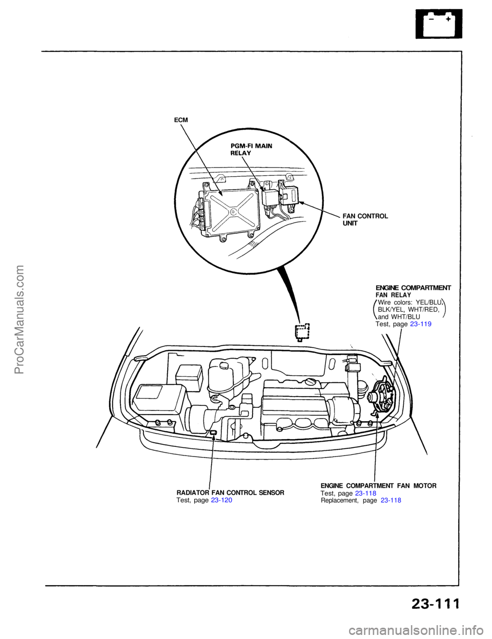 ACURA NSX 1991  Service Repair Manual 
ECM

RADIATOR FAN CONTROL SENSOR

Test, page 23-120
 ENGINE COMPARTMENT FAN MOTOR

Test, page 23-118
 Replacement, page 23-118
 ENGINE COMPARTMENT

FAN RELAY

Wire colors: YEL/BLU
BLK/YEL, WHT/RED,
a