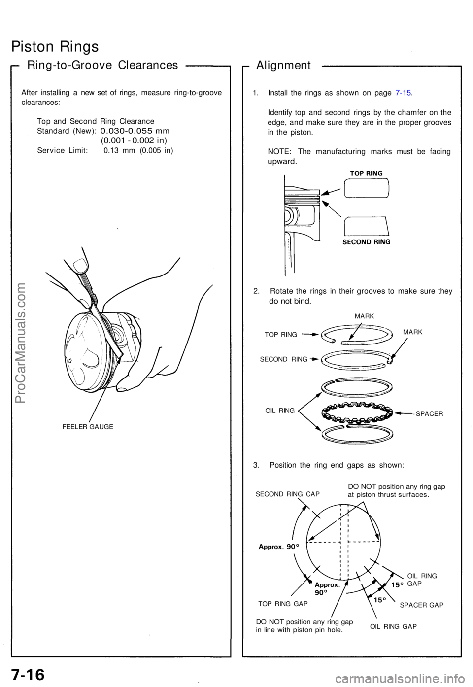 ACURA NSX 1991  Service Repair Manual Piston Ring s
Ring-to-Groov e Clearance s
After installin g a  ne w se t o f rings , measur e ring-to-groov e
clearances:
Top an d Secon d Rin g Clearanc e
Standar d (New) :
 0.030-0.05 5 mm
(0.00 1 -