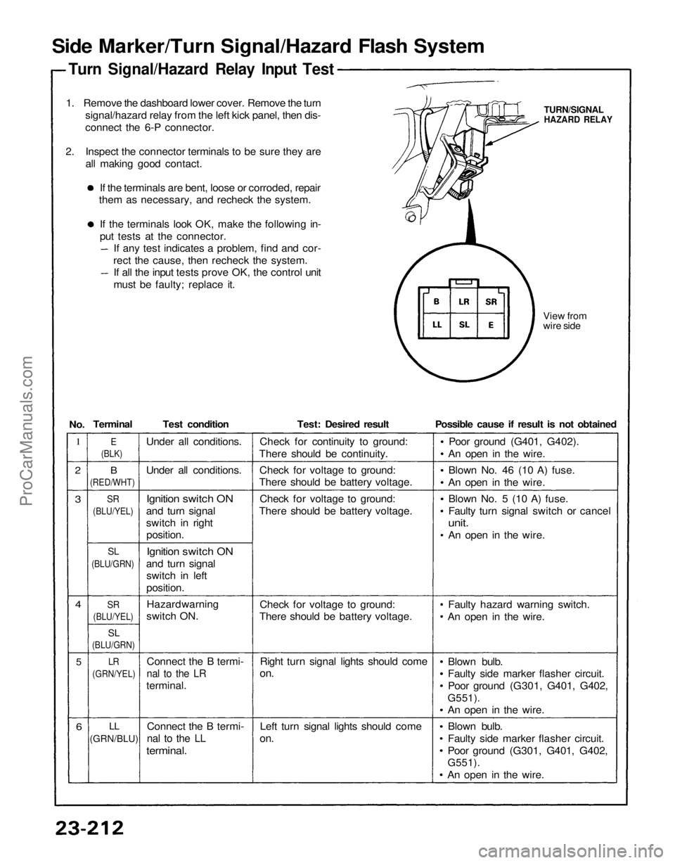 ACURA NSX 1991  Service Repair Manual 
Side Marker/Turn Signal/Hazard Flash System

Turn Signal/Hazard Relay Input Test

1. Remove the dashboard lower cover. Remove the turn signal/hazard relay from the left kick panel, then dis-
connect 
