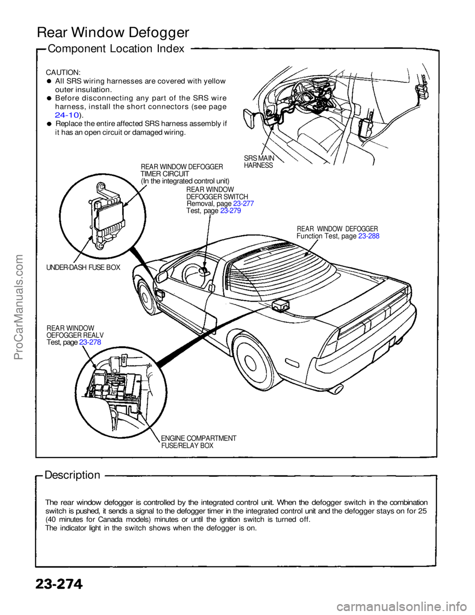 ACURA NSX 1991  Service Repair Manual 
Rear Window Defogger
Component Location Index

CAUTION:
Al
l
 SRS wiring harnesses are covered with yellow
outer insulation.
Befor
e
 disconnecting any part of the SRS wire
harness

,
 install the sh