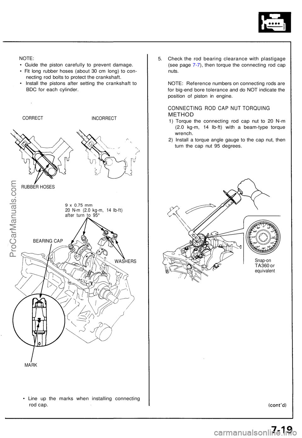 ACURA NSX 1991  Service Repair Manual NOTE:
• Guid e th e pisto n carefull y t o preven t damage .
•  Fi t lon g rubbe r hose s (abou t 3 0 c m long ) t o con -
nectin g ro d bolt s t o  protec t th e crankshaft .
•  Instal l th e p