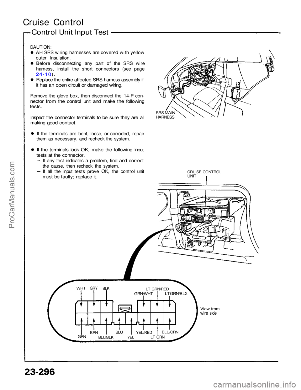 ACURA NSX 1991  Service Repair Manual 
Cruise Control
Contro
l
 Unit Input Test


CAUTION:
AH SRS wiring harnesses are covered with yellow
outer Insulation.
Before disconnecting any part of the SRS wire
harness, install the short connecto